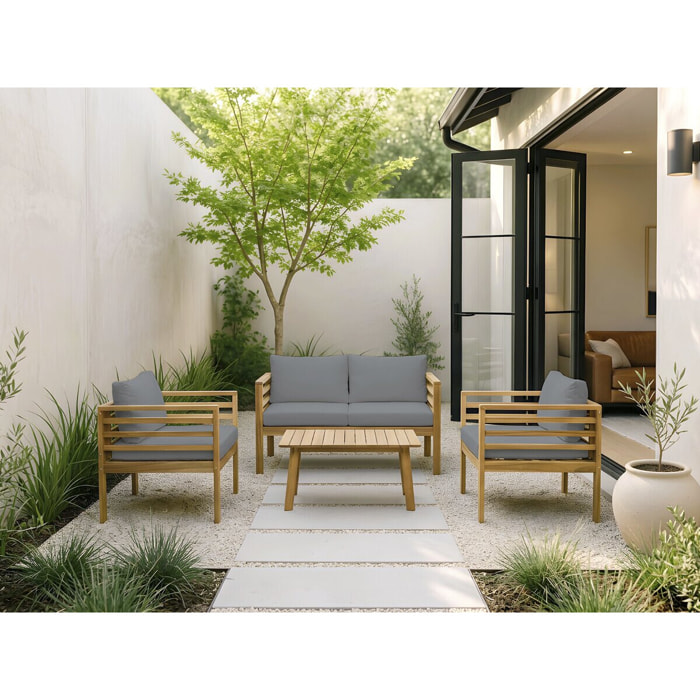 Salon de jardin en bois avec coussins "Beckham" - 4 places - Gris