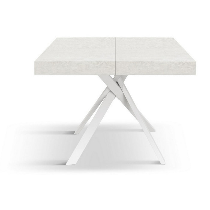 Tavolo FORTE DEI MARMI in legno, finitura bianco frassinato e gambe incrociate in metallo bianco, allungabile 95x90 cm - 145 x 90 cm