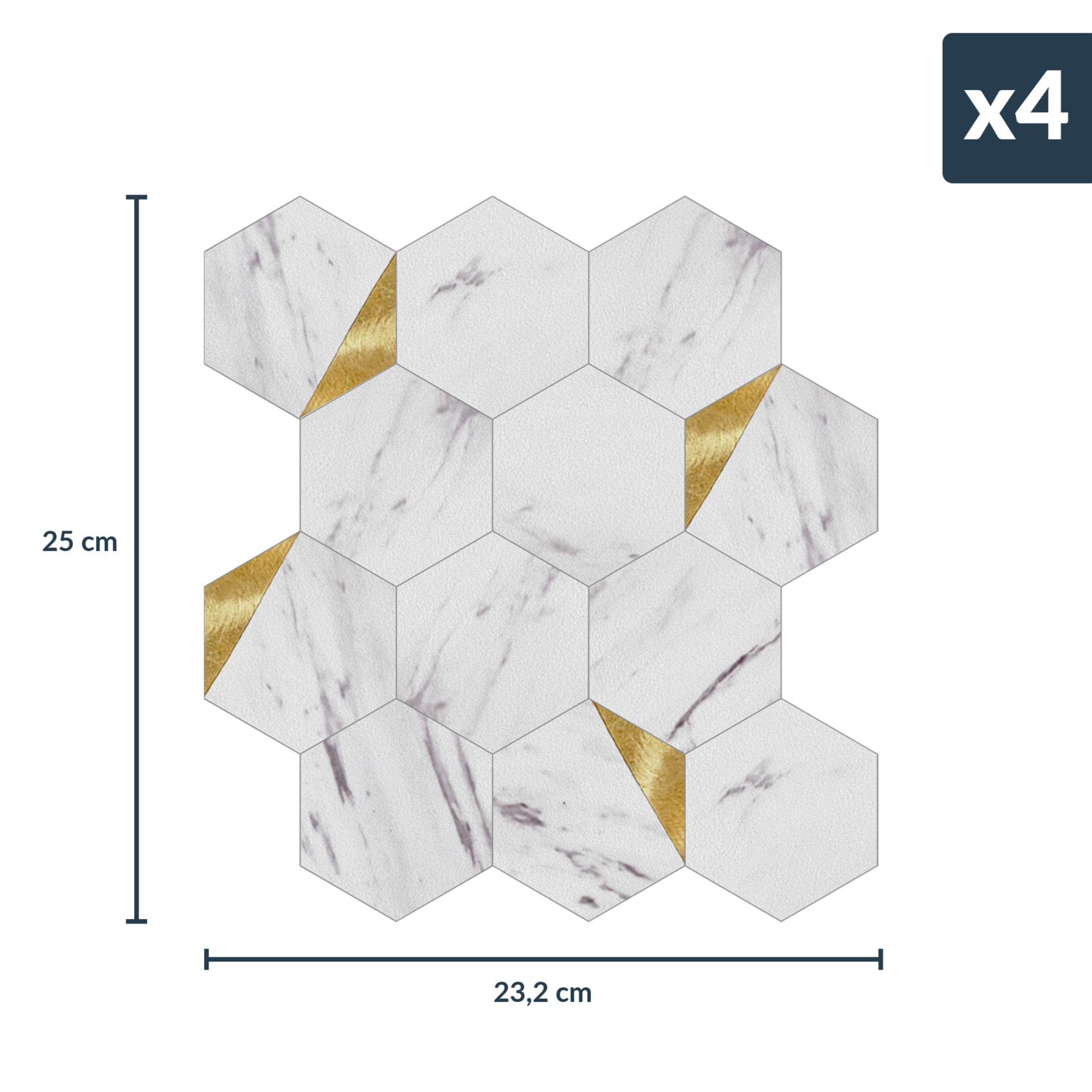 Crédence adhésive murale 3D  - Effet carrelage hexagonal 4 pièces - Doré