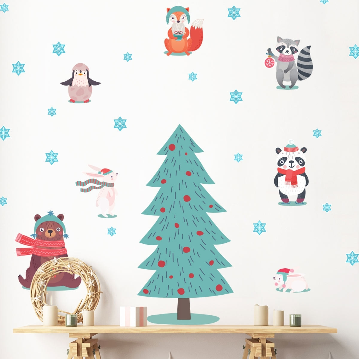 Stickers Noël animaux scandinaves sous la neige - Autocollants stickers adhésifs noël - décoration fêtes