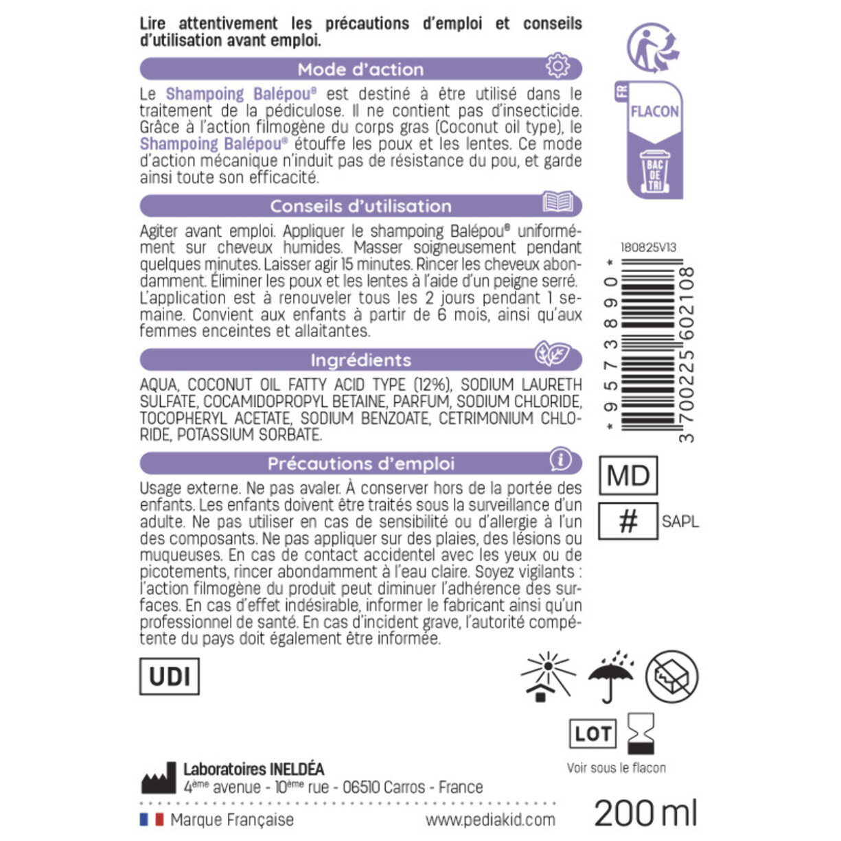 PEDIAKID - Balépou® Shampoing - Traitement Anti-Poux et Lentes Naturel - Agit en 15 Minutes - Dès 3 Mois - Dispositif Médical - Lot de 3