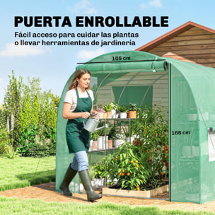 Invernadero de Exterior 2,8x2x1,9 m con Estantes, Invernadero de Túnel con Puerta Enrollable, 6 Ventanas de Malla, Cubierta PE y Marco de Acero Galvanizado, Anti-UV, Impermeable, Verde