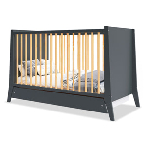 Lit Evolutif Timéo à barreaux 60 x 120 cm, Gris & Bois, En Bois, 3 Hauteurs, Tiroir intégré, Barreaux amovibles