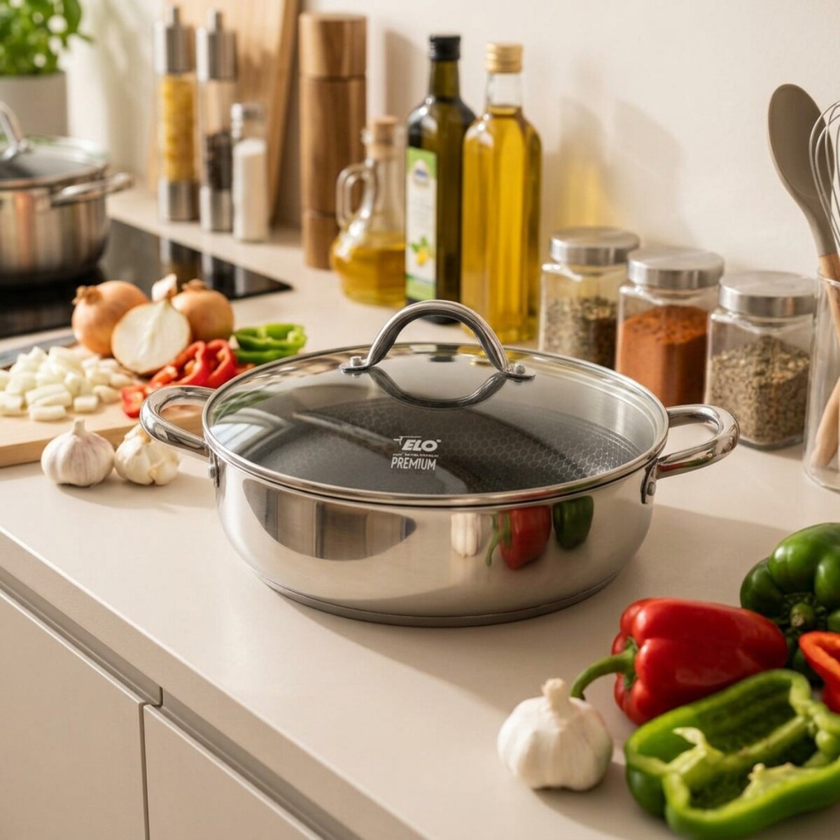 Sautoir 28 cm en inox 18/10 avec couvercle Elo Relief Evolution