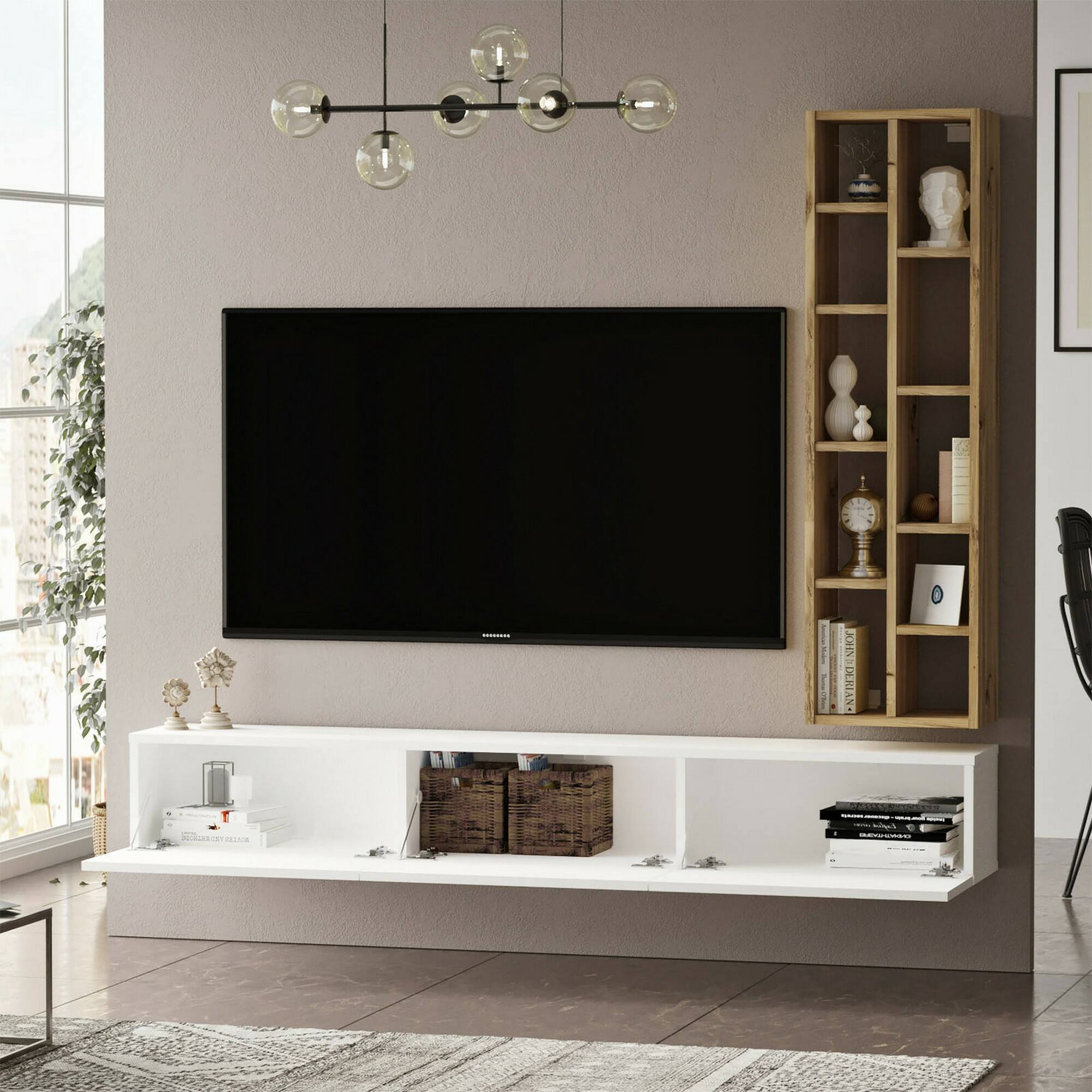 Mobile porta TV Dnegrett, Credenza da soggiorno, Armadio basso per TV, Base parete attrezzata, 175x27h25 cm, Quercia e Bianco