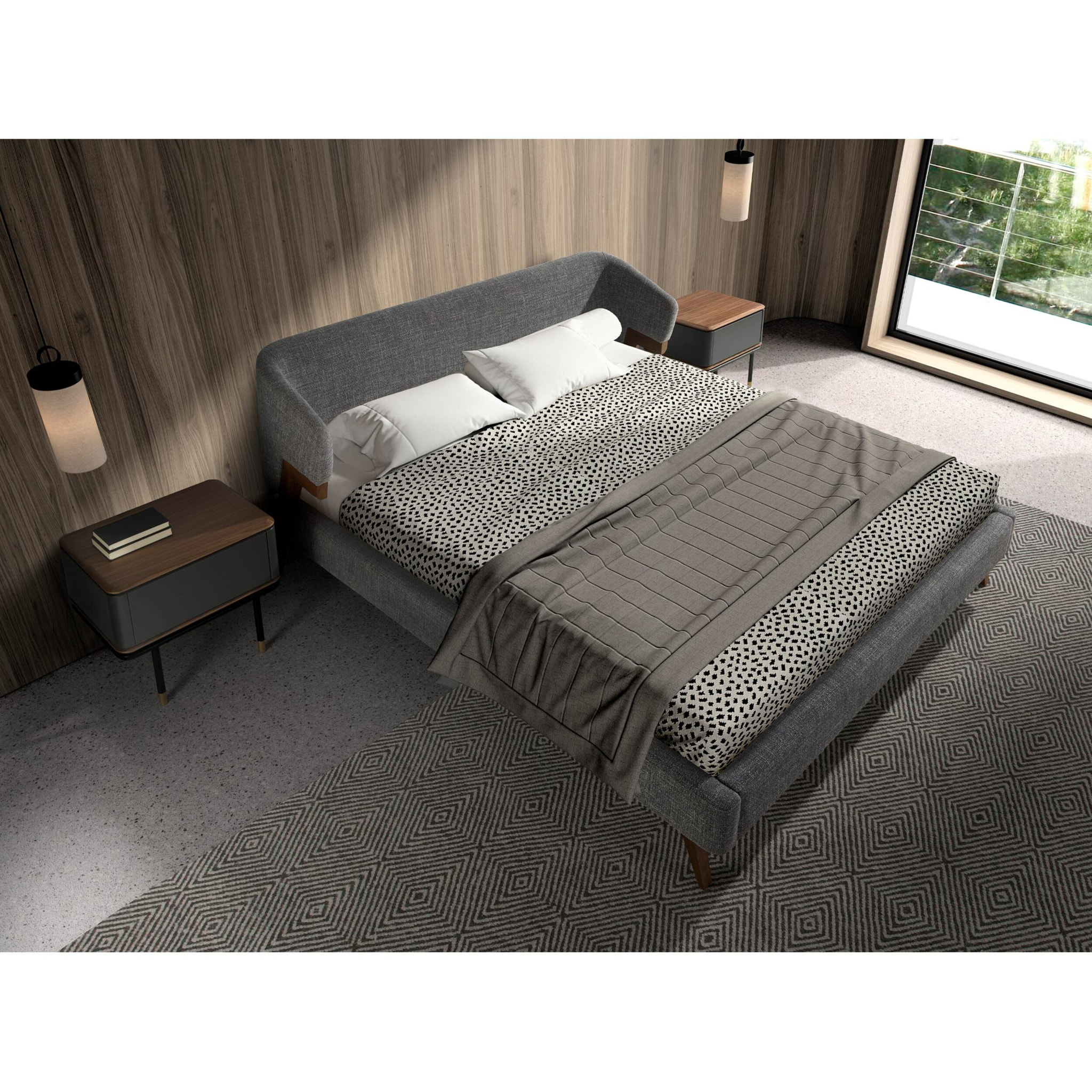 Mesita de noche Angel Cerdá de madera de MDF en gris oscuro en mate y patas de acero inoxidable en negro tapa de madera chapada en nogal 60x45x50cm