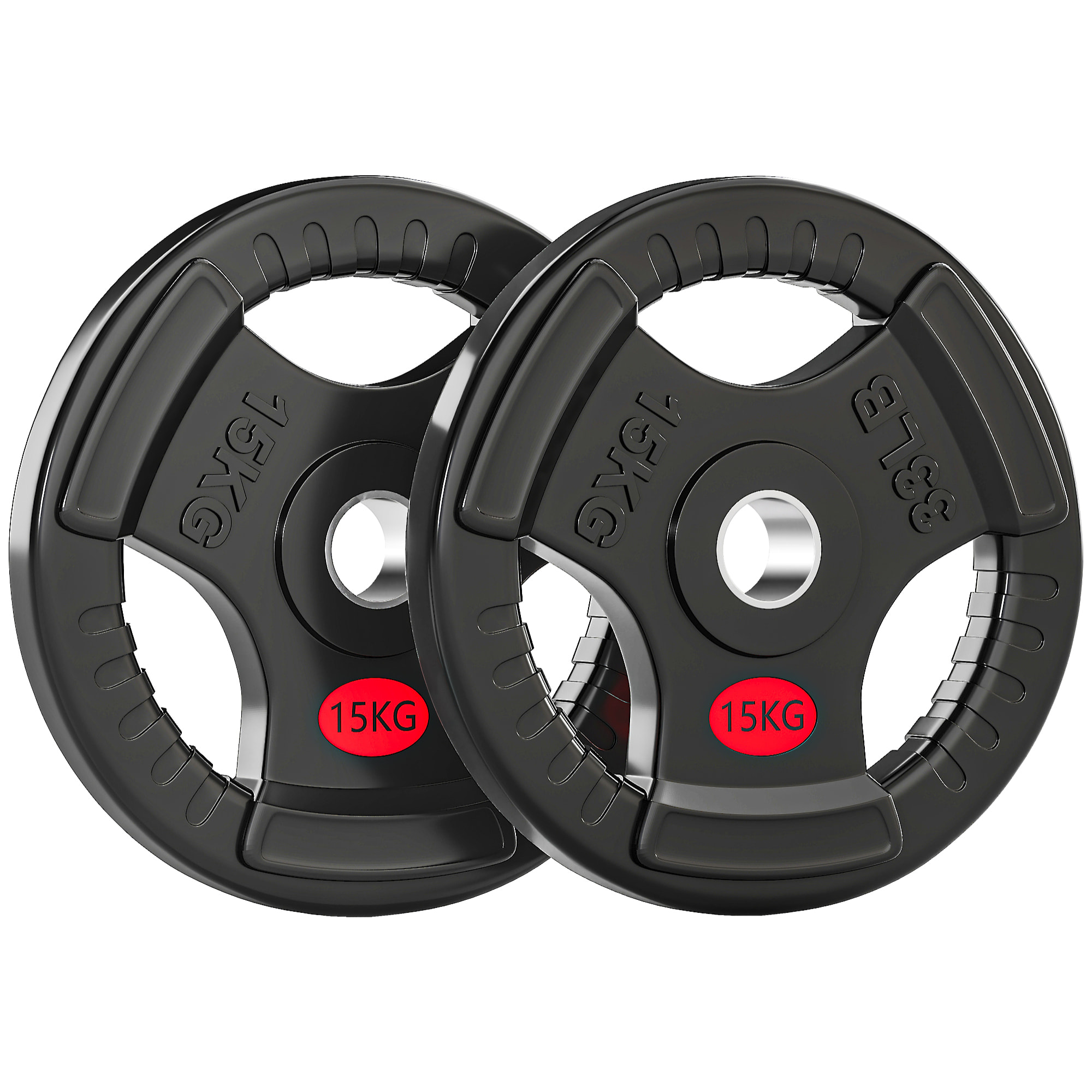 Discos Pesas Olímpicas, Agujero Ø50 mm, 2 Discos de Pesas 15 kg con Anillo Interior de Acero y Triple Agarre, para Mancuernas y Barras, Entrenamiento Fitness en Casa, Gimnasio, Negro