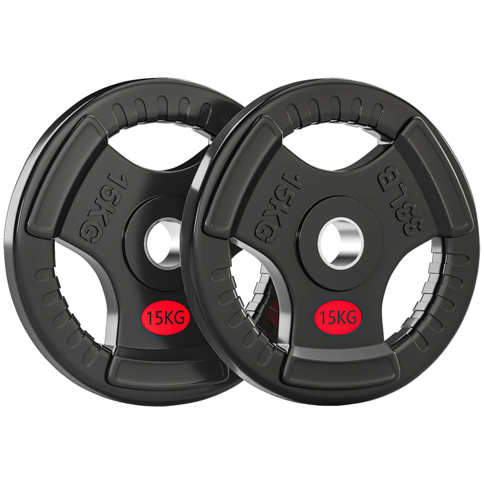 Discos Pesas Olímpicas, Agujero Ø50 mm, 2 Discos de Pesas 15 kg con Anillo Interior de Acero y Triple Agarre, para Mancuernas y Barras, Entrenamiento Fitness en Casa, Gimnasio, Negro