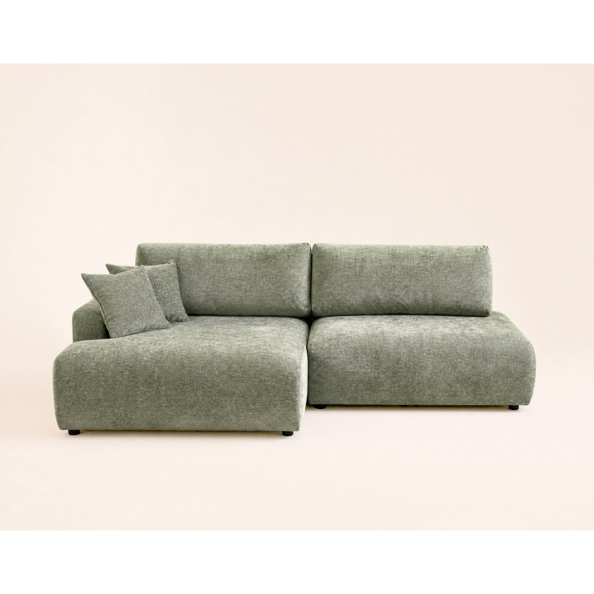 Pivoine - Canapé d'angle ouvert gauche 4 places convertible avec coffre en tissu texturé - Vert sauge