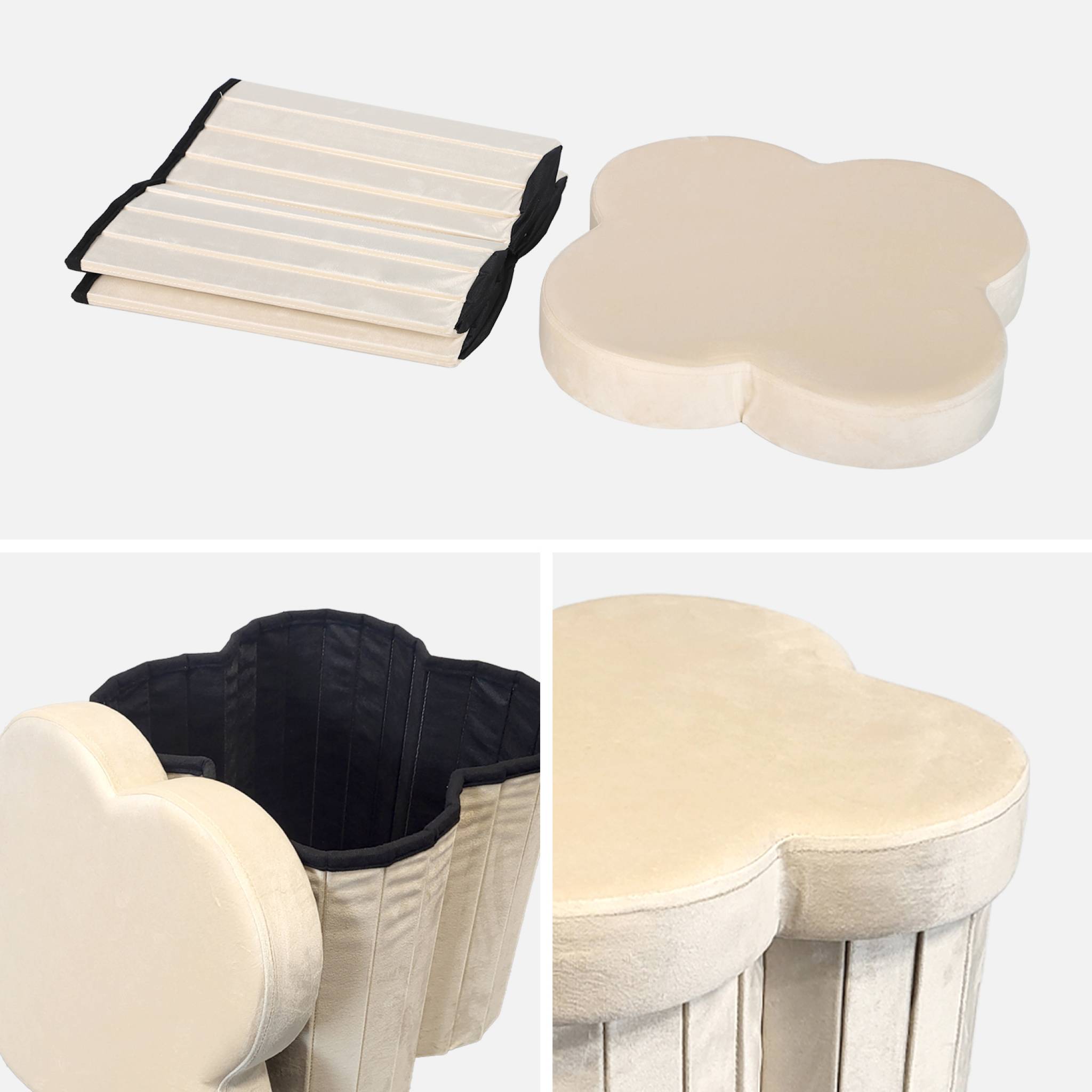 Lot de 2 tabourets-coffre pliables pour enfant avec assise en velours beige et en forme de fleur