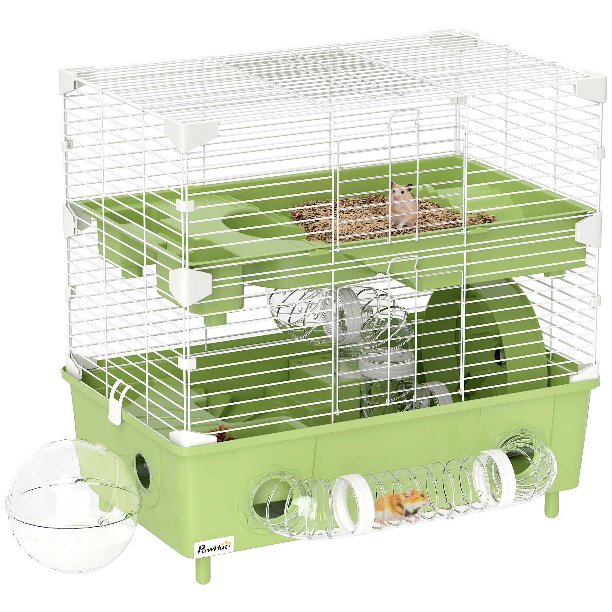 Cage pour hamster 2 niveaux roue sphère bac à sable tuyaux biberon eau dim. 44,5 x 28 x 44 cm blanc vert