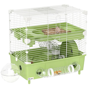 Cage pour hamster 2 niveaux roue sphère bac à sable tuyaux biberon eau dim. 44,5 x 28 x 44 cm blanc vert