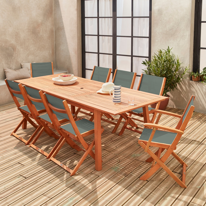 Table de jardin extensible bois d'eucalyptus + 8 assises en bois d'Eucalyptus huilé et textilène savane