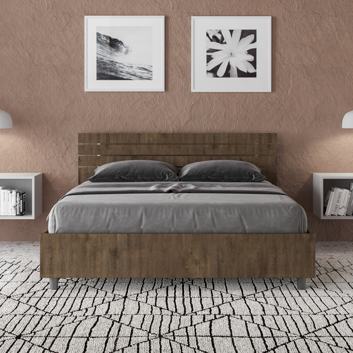 Cama doble sin somier 140x200 con cabecera inclinada de listones nogal Ankel