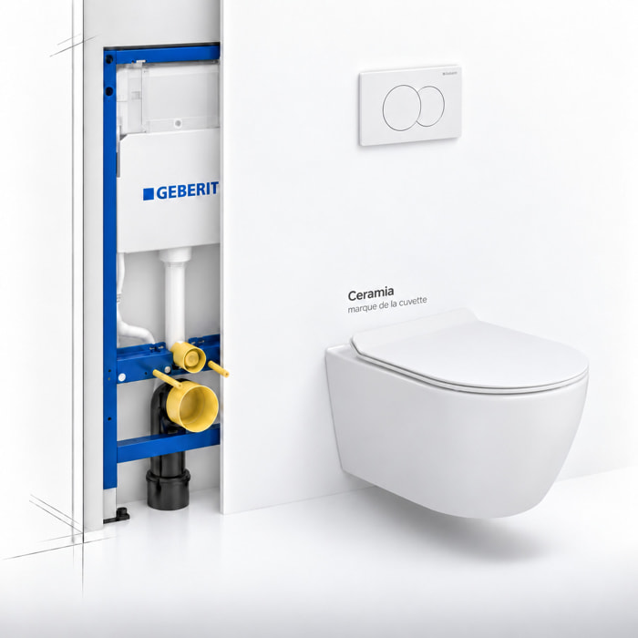 Duofix Pack WC bâti-support 112 cm + WC suspendu sans bride Ceramia avec abattant SoftClose + plaque blanche (GEBCEPXWT01-FR)