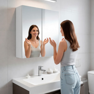 Pensile Bagno Con Specchio A 2 Ante Mobile Sospeso Salvaspazio In Melaminico Con Ripiani Interni Arredo Bagno Moderno Elegante 65 x 60 x 21 Cm Bianco