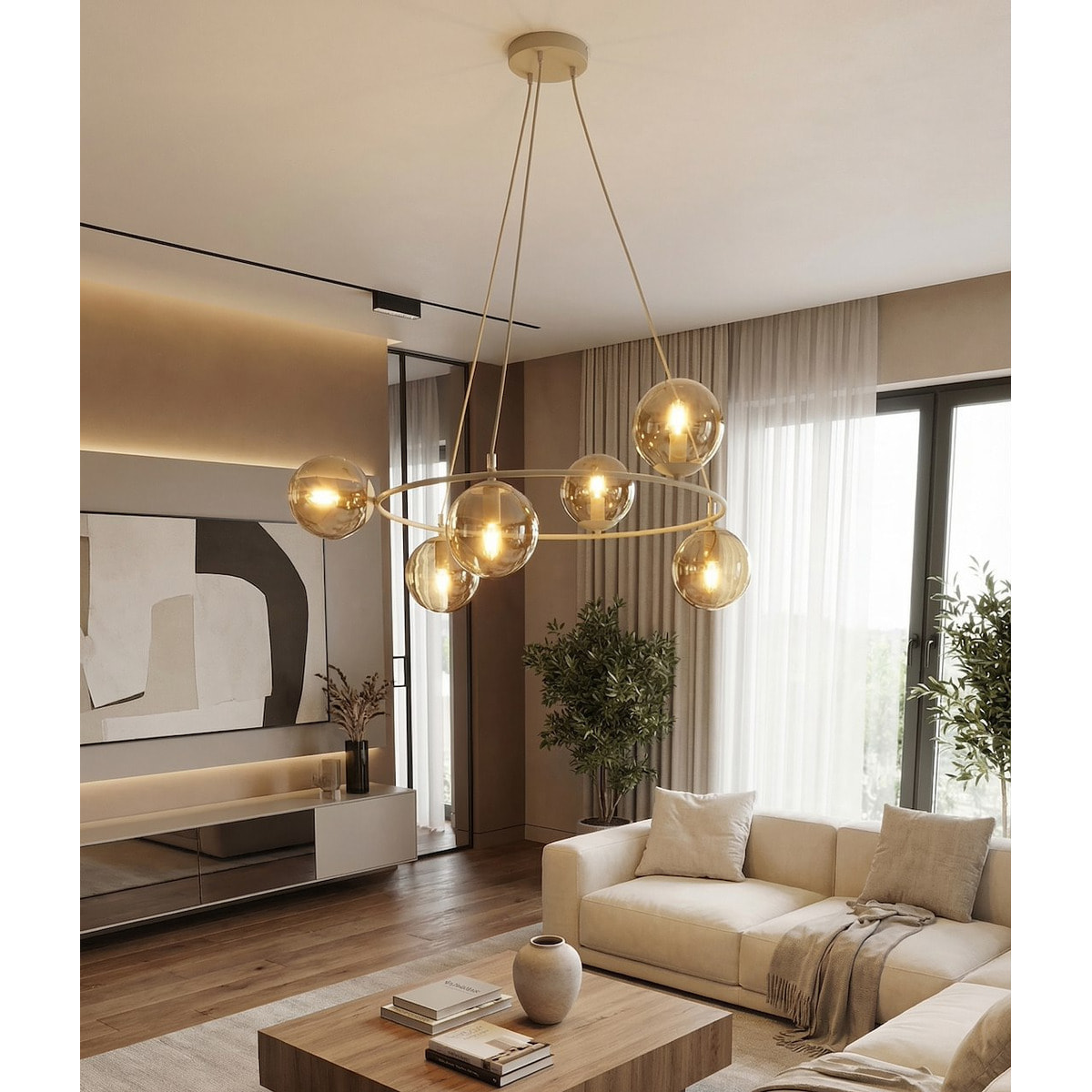 Lampada a sospensione AZURA in acciaio beige e vetro ambrato