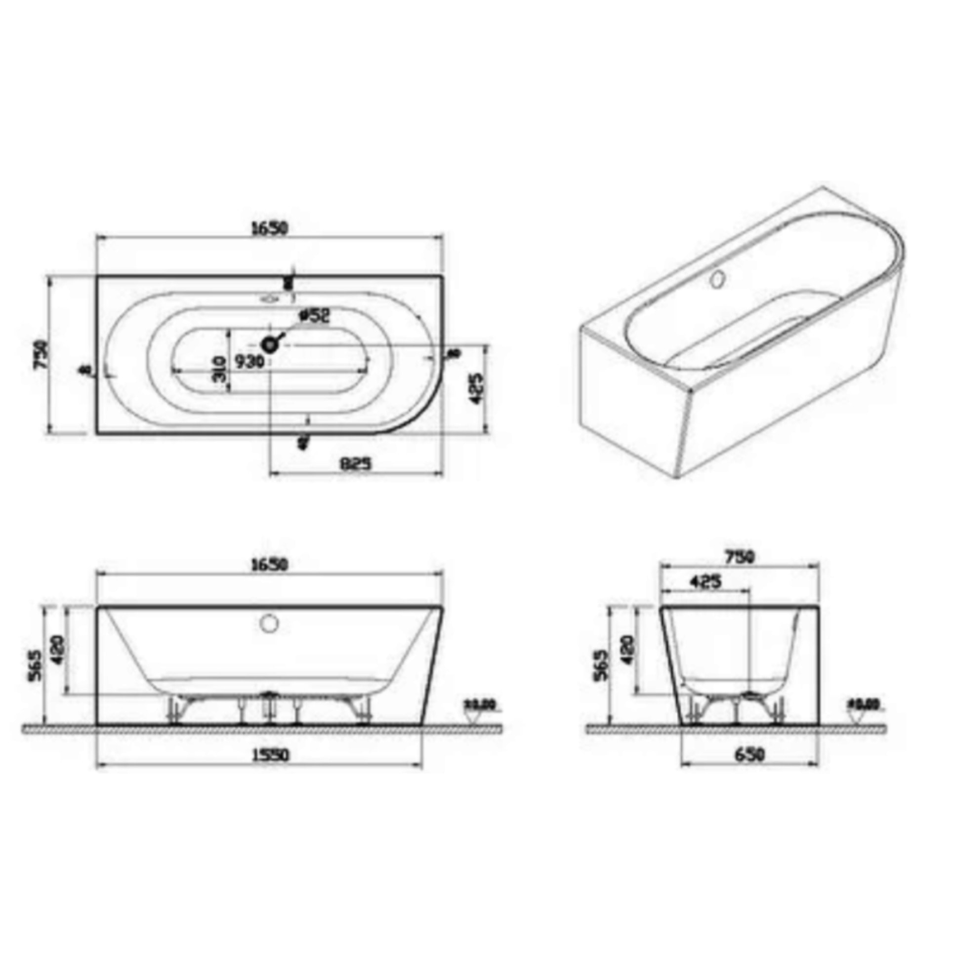 Baignoire murale angle à gauche VITRA Geo 165x75 + pieds + siphon standard