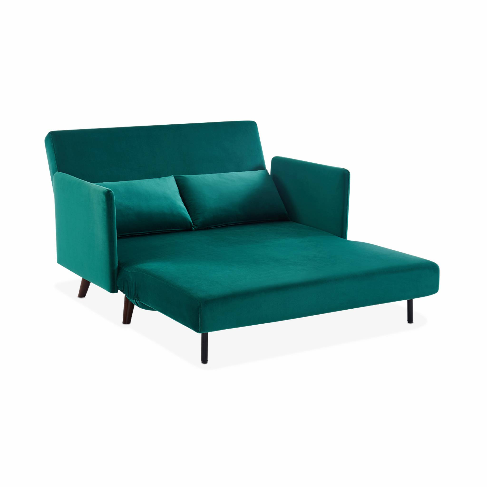 Canapé convertible en velours - Panam - 2 places scandinave. pieds bois foncé. vert. banquette. dossier inclinable