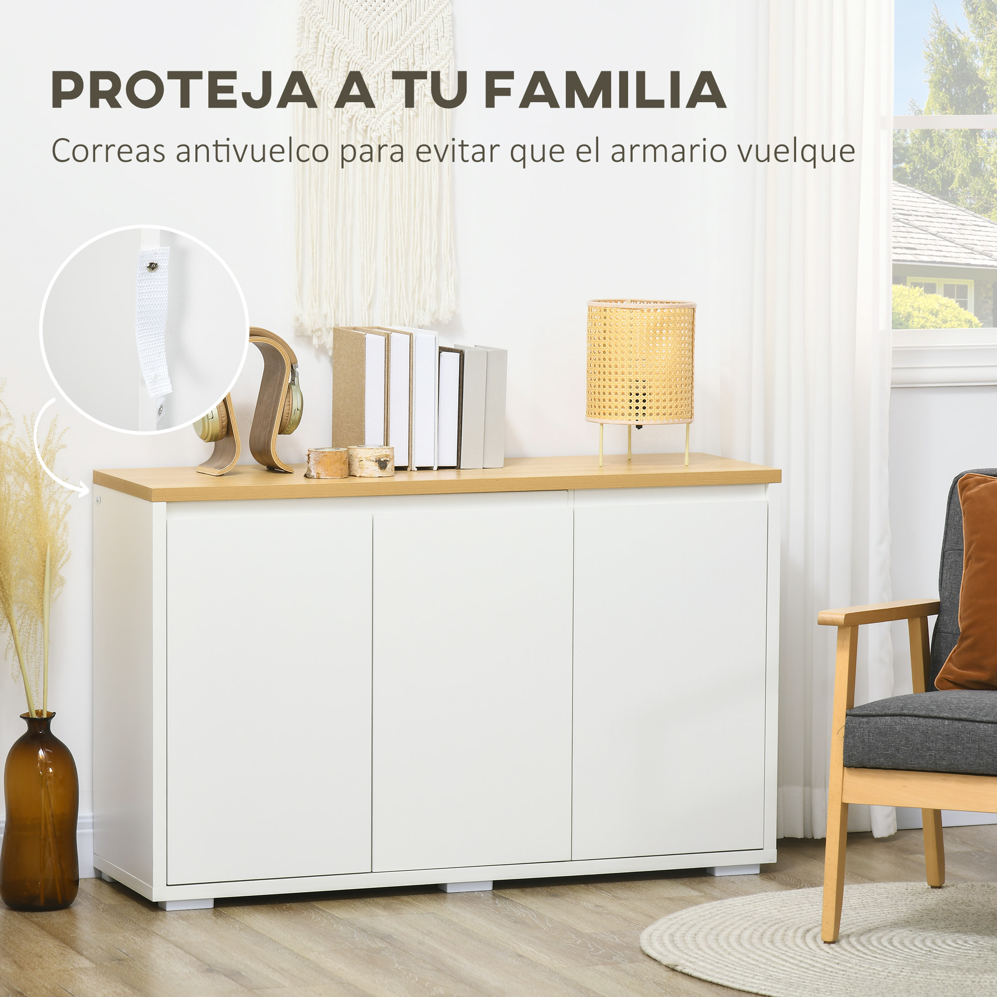 Aparador de Salón Armario de Almacenamiento Mueble Auxiliar de Cocina con 3 Puertas y Estantes Ajustables para Comedor Entrada 120x37x75 cm Blanco
