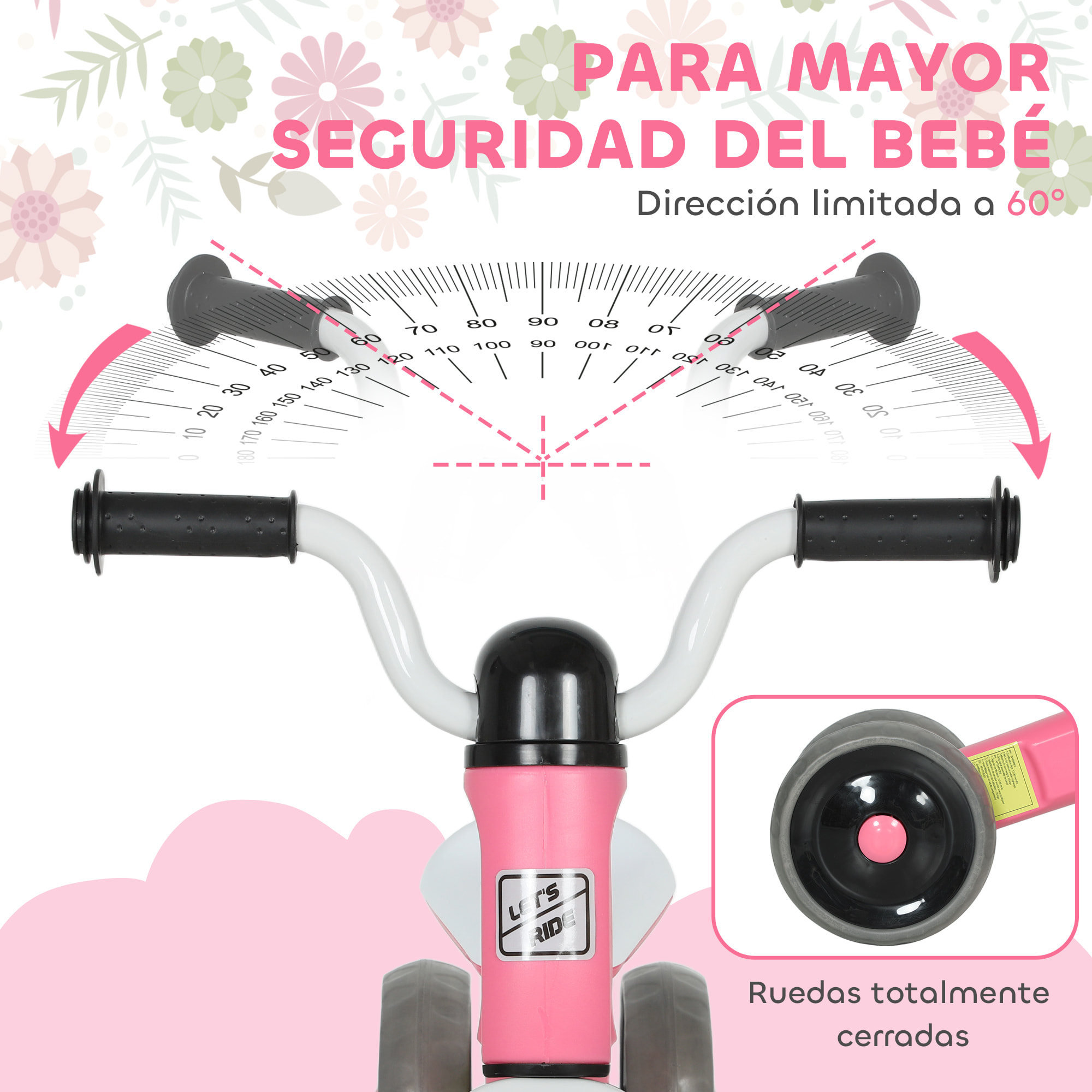Bicicleta sin Pedales para Niños de 1 a 3 Años, Bicicleta de Equilibrio con Ruedas Silenciosas y Resistentes a Pinchazos, Manillares con Giro Limitado a 60°, Rosa