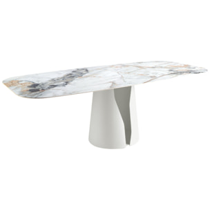Mesa comedor Angel Cerdá ovalada barril con tapa fija de mármol porcelánico blanco con vetas en tonalidades grises y marrones en acabado brillo 238x110x76cm