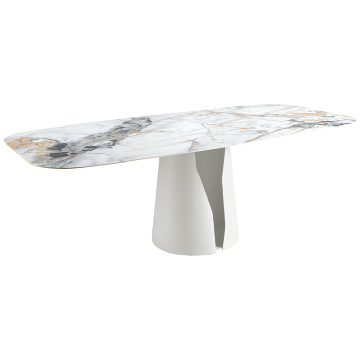 Mesa comedor Angel Cerdá ovalada barril con tapa fija de mármol porcelánico blanco con vetas en tonalidades grises y marrones en acabado brillo 238x110x76cm