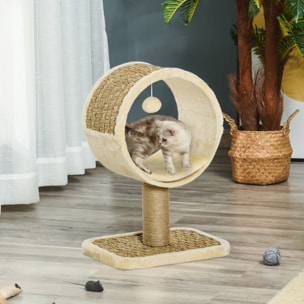 Arbre à chat rond style cosy chic griffoir grattoirs sisal jeu suspendu souris niche avec coussin cordes d'algues tressées peluche courte beige