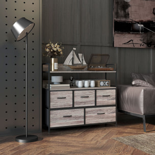 Commode style industriel - 5 tiroirs, 2 étagères - acier noir MDF non tissé effet bois gris
