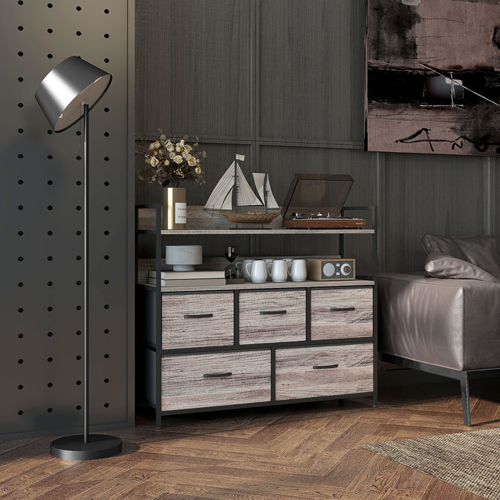 Commode style industriel - 5 tiroirs, 2 étagères - acier noir MDF non tissé effet bois gris