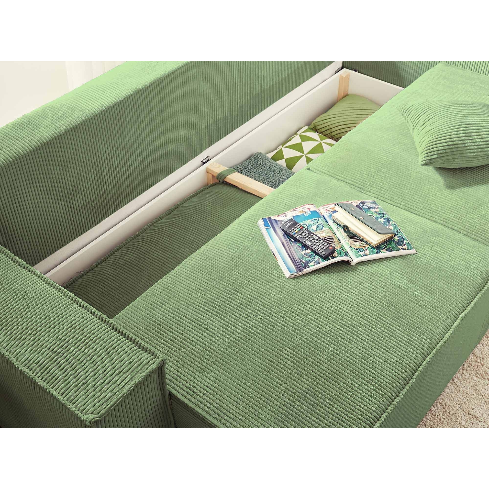 Dellia - canapé 3 places convertible - avec coffre - en velours côtelé - style contemporain - Vert sauge