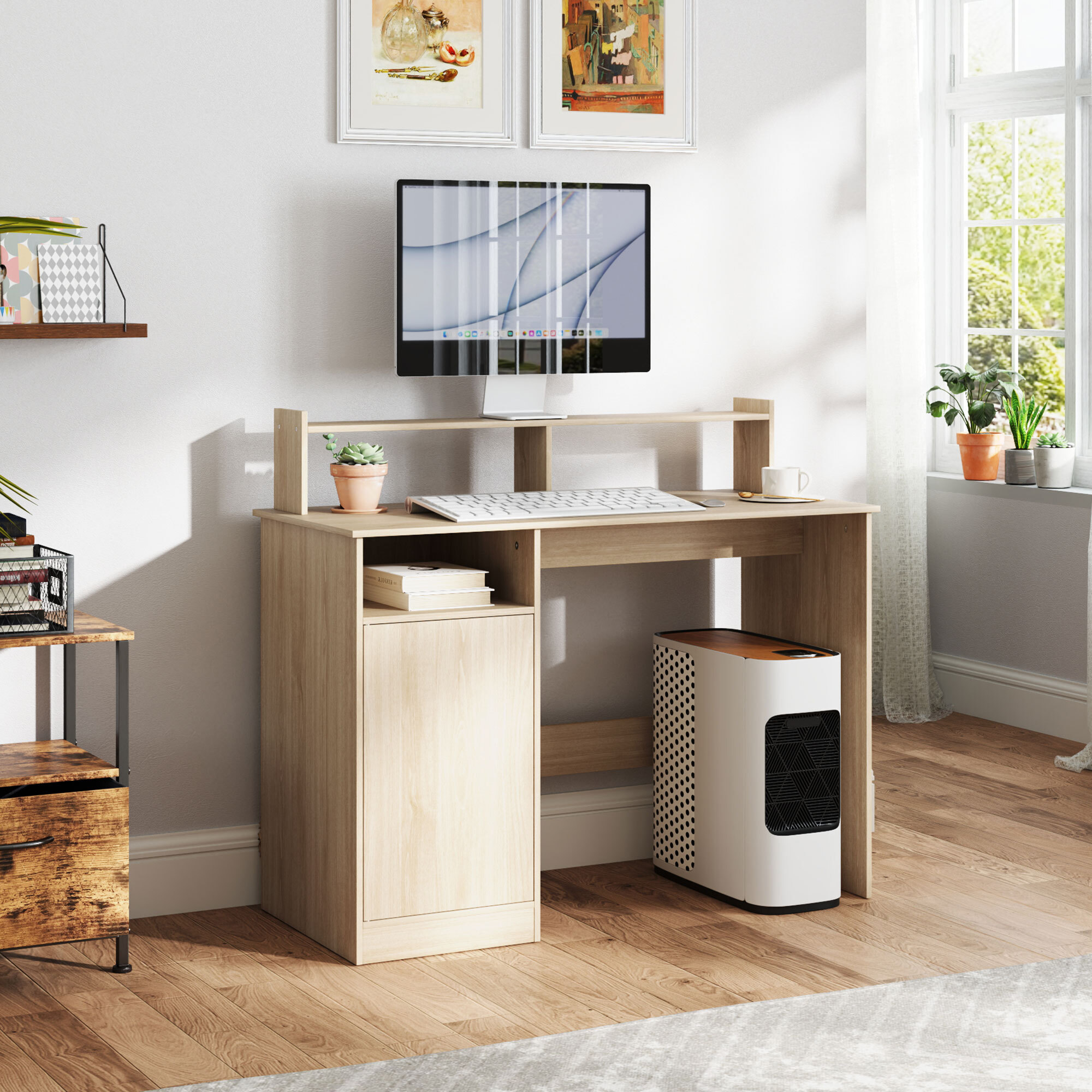 Escritorio con Estantería Moderno Escritorio con Puerta Compartimentos Abiertos y Soporte para Monitor Mesa para Estudio Dormitorio Hogar Oficina 108x50x94 cm Natural