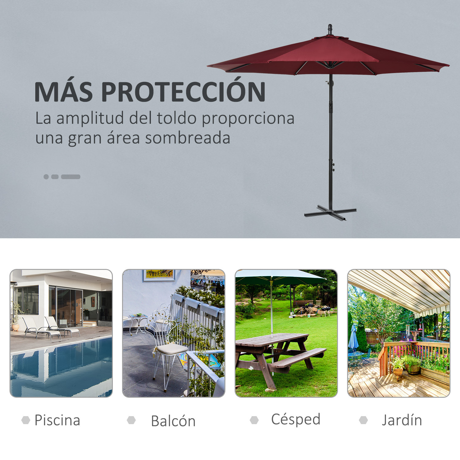 Parasol Excéntrico Ø 295 cm Sombrilla de Jardín con Ángulo Ajustable Base Cruzada y Manivela Sombrilla para Terraza Patio Granate