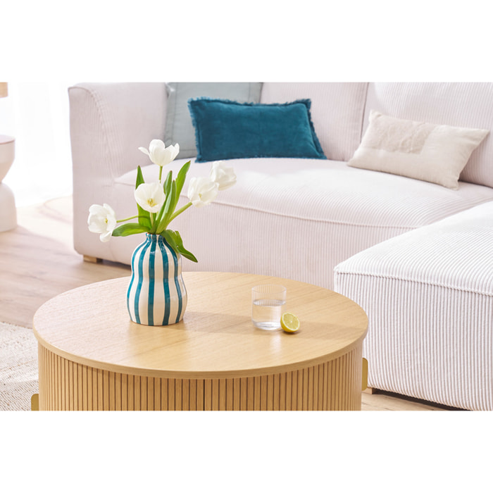 Table basse ronde finition bois clair chêne 2 portes coulissantes D80 cm EPIC