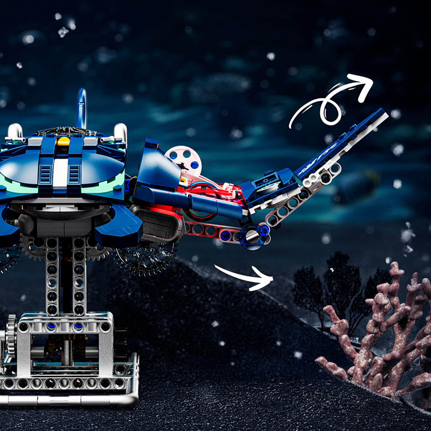 Maqueta 3D mecanizada de manta raya con 966 piezas, equipada con luces y mecanismo de manivela que permite movimiento dinámico.