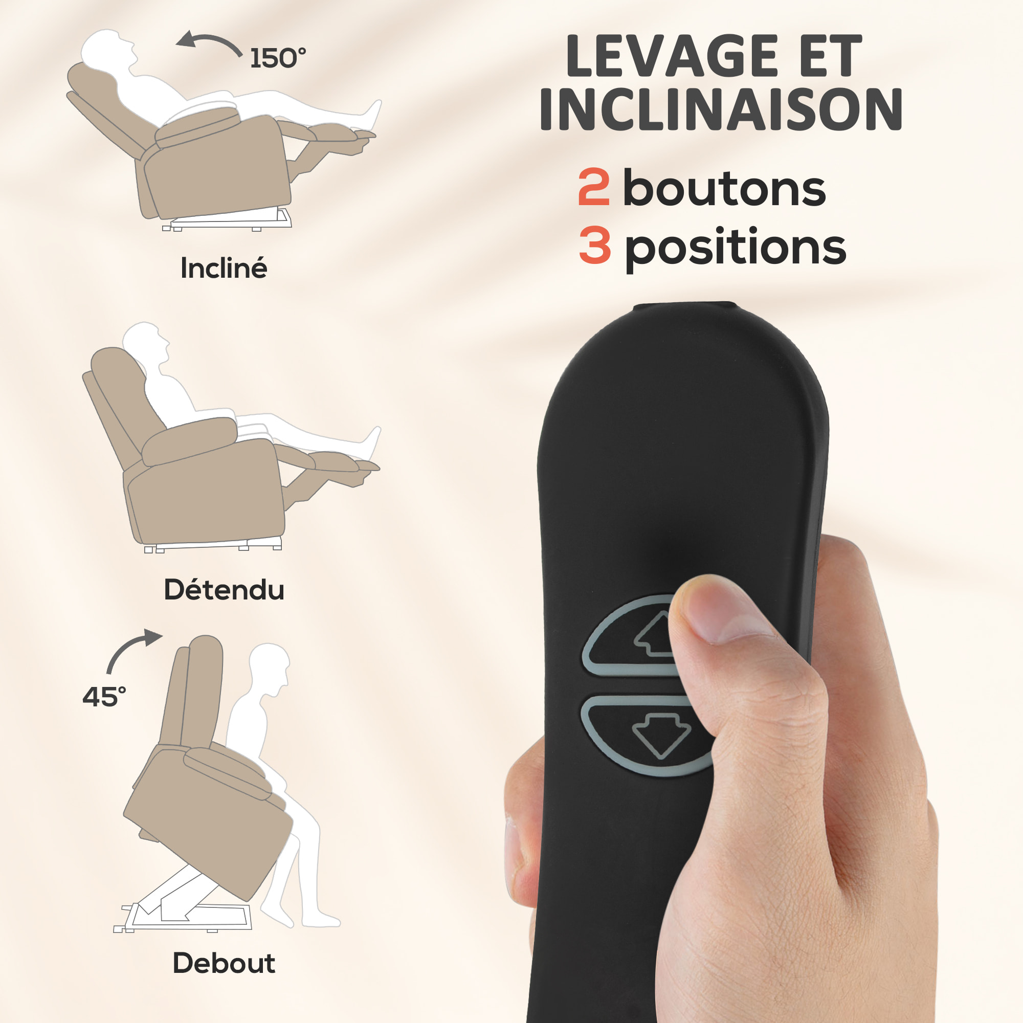 Fauteuil releveur massant chauffant grand confort - inclinable, repose-pieds rétractable - tissu toucher flanelle beige
