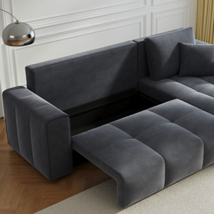 WORTHING Canapé d'angle convertible 4 places avec coffre en velours gris anthracite