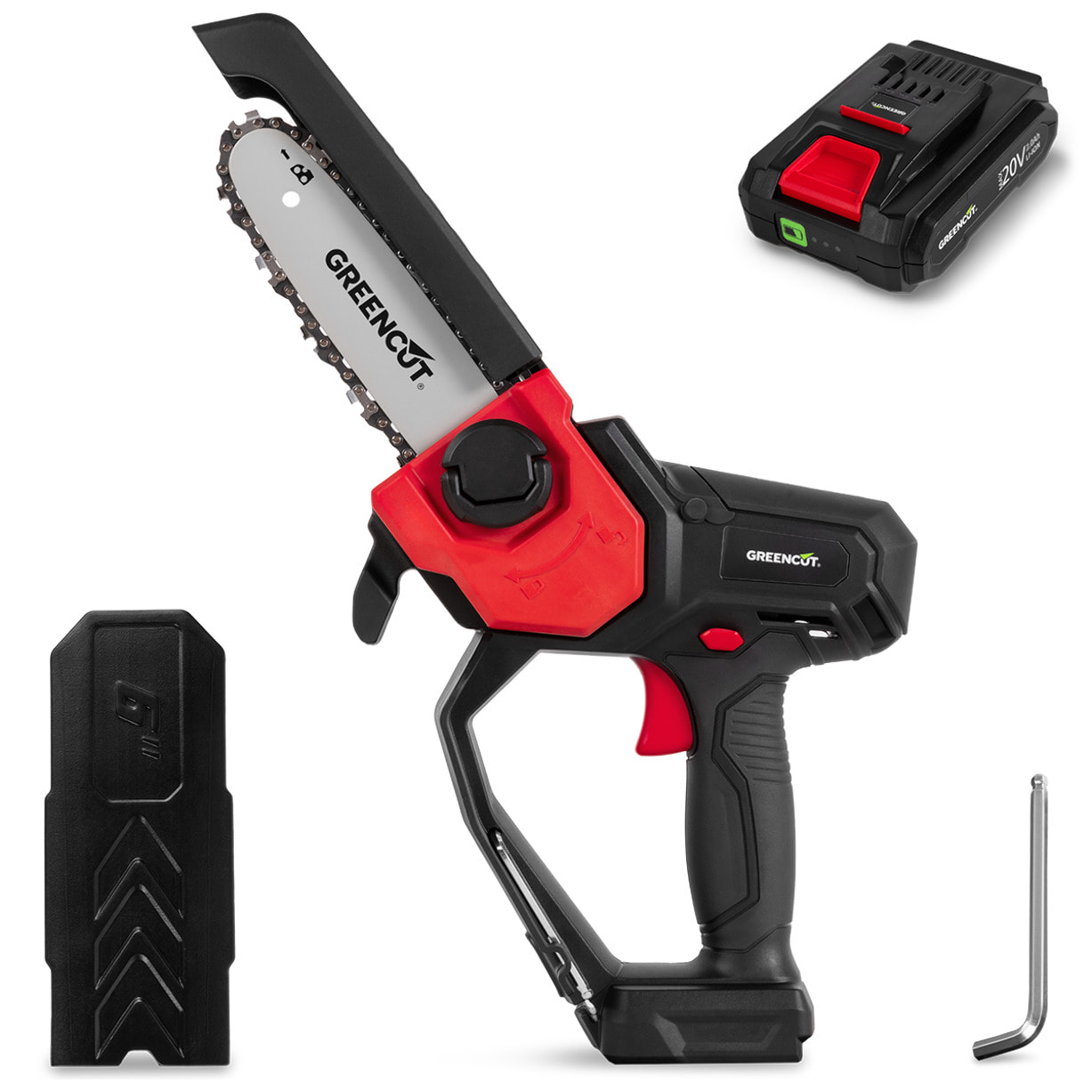 Motosierra de mano con batería de litio de 20V para poda con espada de 152mm, 6" - Greencut GSM200L