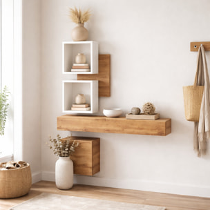 Mobile Ingresso Moderno Con Pensili A Giorno Mensole Sospese Con Cassetto E Anta Salvaspazio Design Nordico 100 x 170 x 30 Cm Bianco E Rovere