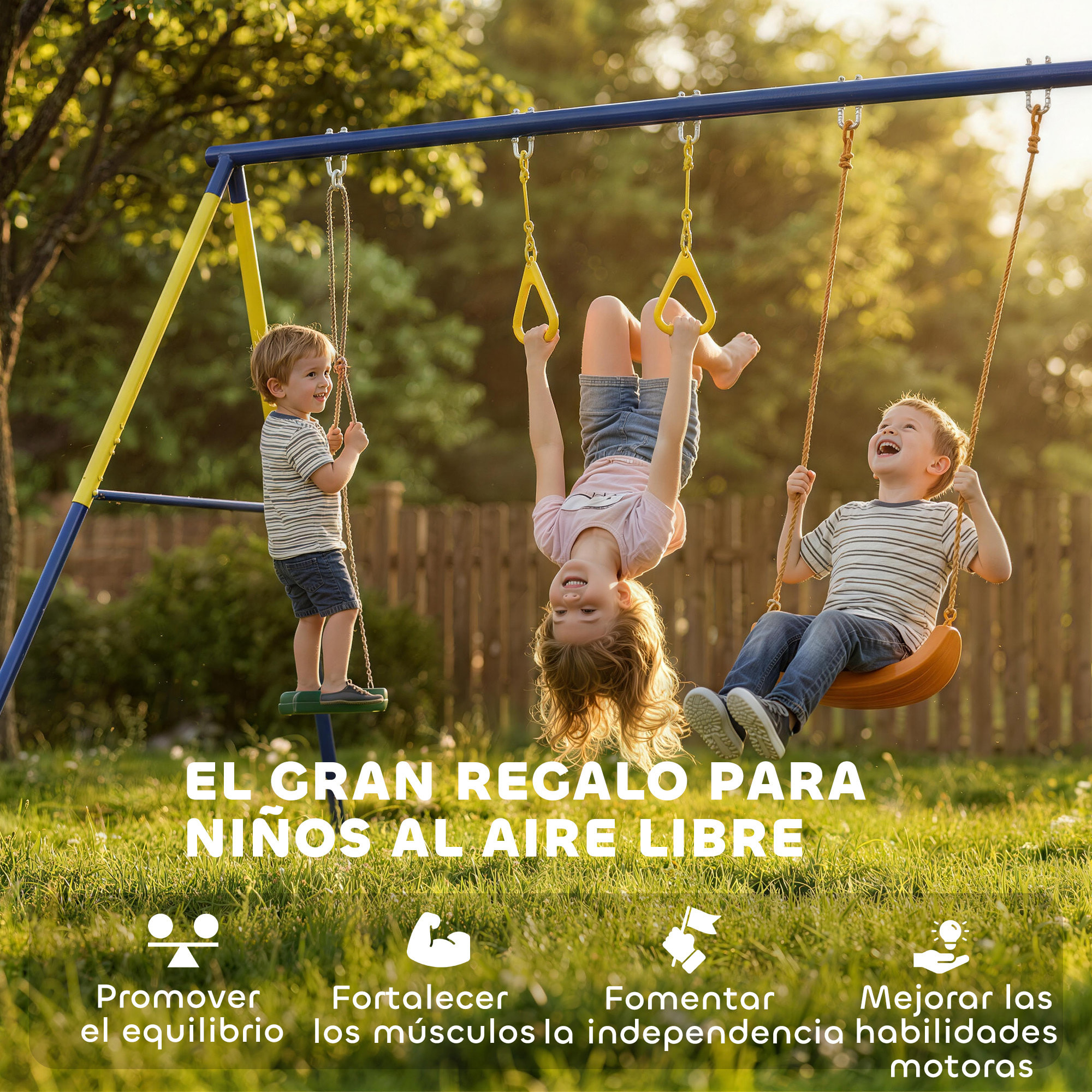 Columpio Infantil 3 en 1, Columpio para Niños Clásico, de Pie, Aros de Gimnasia, Carga 150 kg, para Interior, Exterior, para Niños de 3 a 8 Años, Multicolor