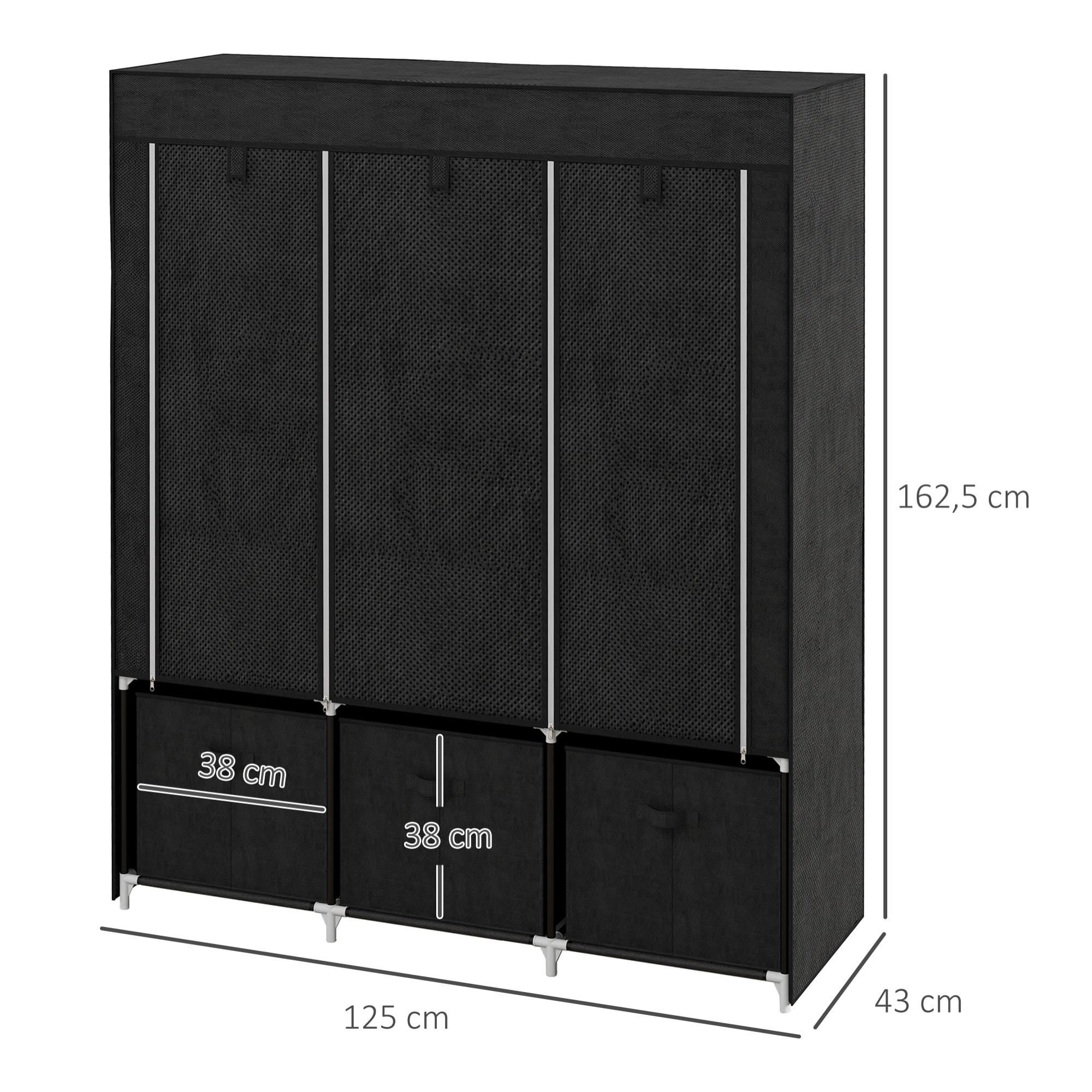 HOMCOM Armario de Tela, Armario Ropero con 2 Barras, 5 Estantes Abiertos, 3 Cajones, Cremallera, Marco de Acero, para Dormitorio, Espacio Pequeño, Vestidor, 125x43x162,5 cm, Negro
