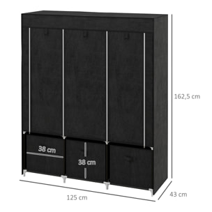 HOMCOM Armario de Tela, Armario Ropero con 2 Barras, 5 Estantes Abiertos, 3 Cajones, Cremallera, Marco de Acero, para Dormitorio, Espacio Pequeño, Vestidor, 125x43x162,5 cm, Negro