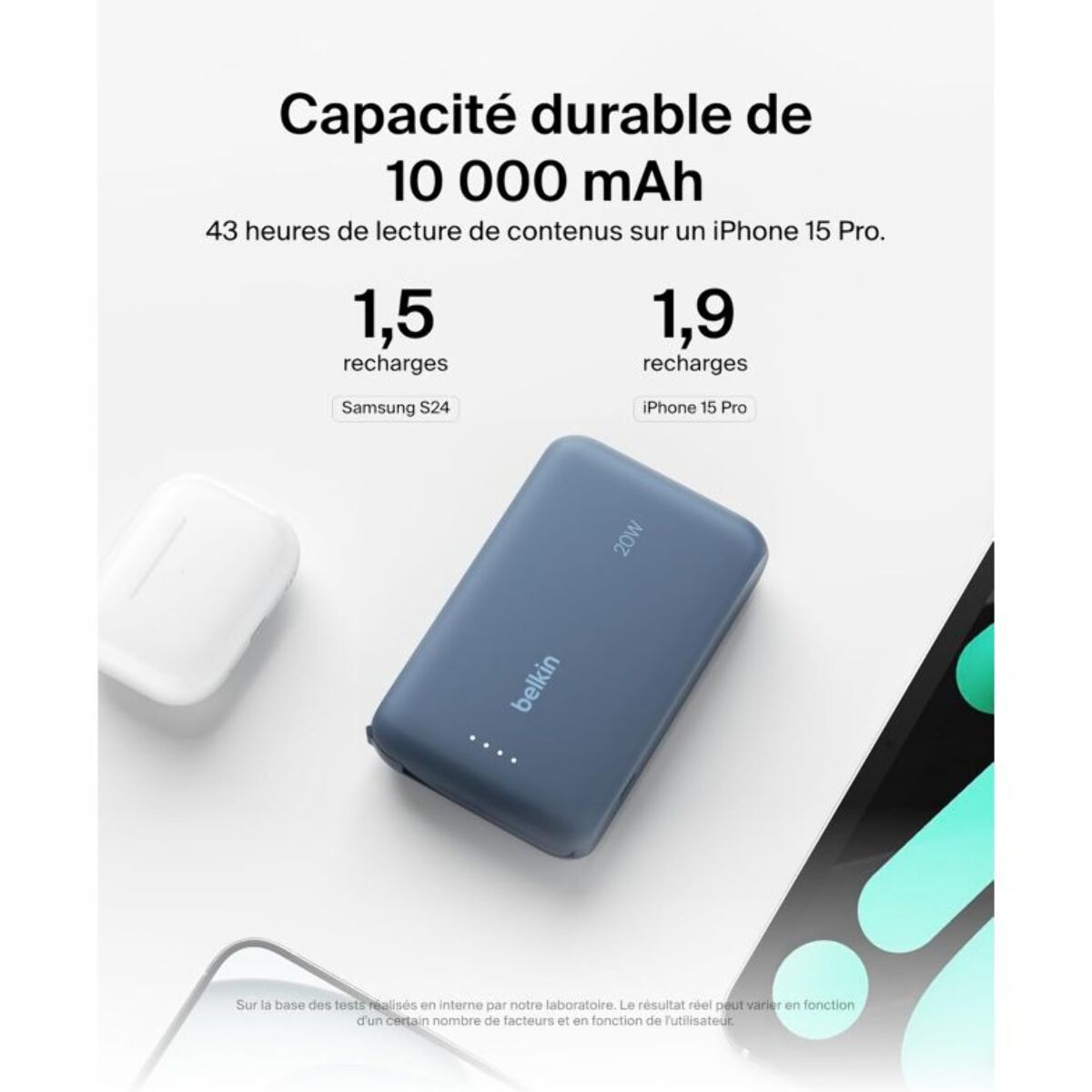 Batterie externe BELKIN 10000 mAh avec cable USB-C intégre bleu