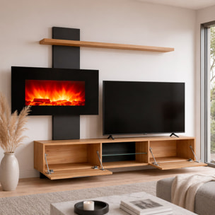 Parete Attrezzata Soggiorno Mobile Tv Biocamino Led Mensola Design Living Arredo Casa Contenitore Vetro Push Click 250x170x40 Cm Rovere E Antracite