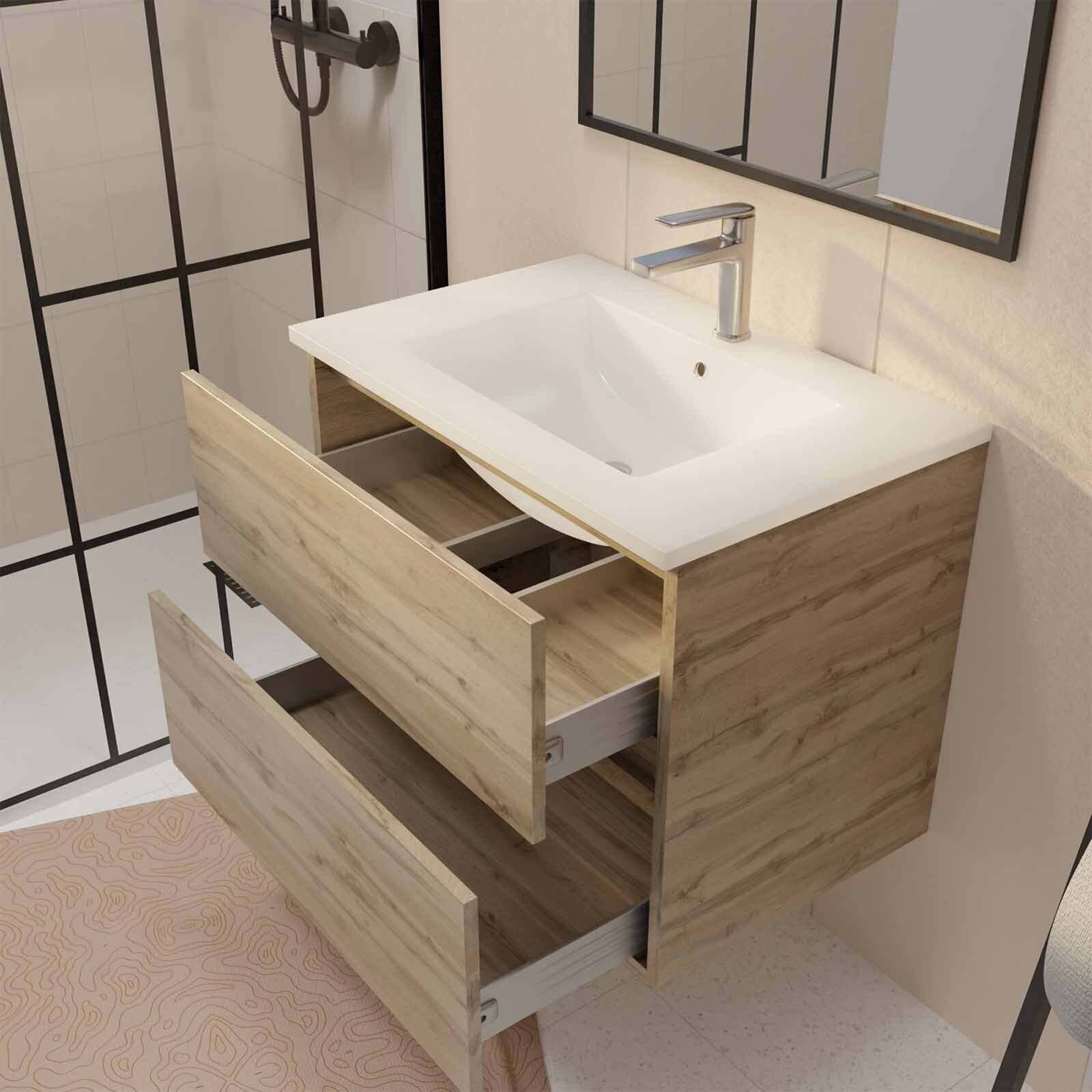 Meuble de salle de bains 70cm TIMBER Décor Chêne Naturel 2 Tiroirs Vasque Blanche et Miroir 70x50
