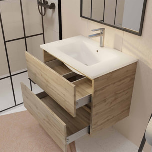 Meuble de salle de bains 70cm TIMBER Décor Chêne Naturel 2 Tiroirs Vasque Blanche et Miroir 70x50