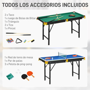 2 en 1 Mesa Multijuegos para Niños de 6+ Años Mesa de Billar Ping Pong Plegable con Altura Ajustable 140x63x60-80 cm Multicolor