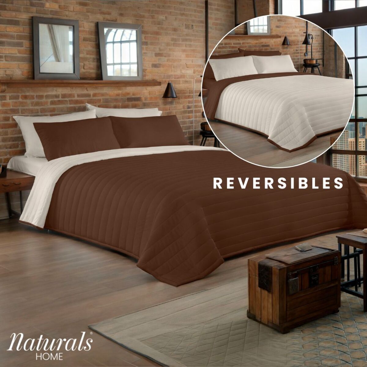 Naturals - Colcha Bouti - Lisa - Reversible - 100% Microfibra - 70 gr/m² - Marrón/Vainilla