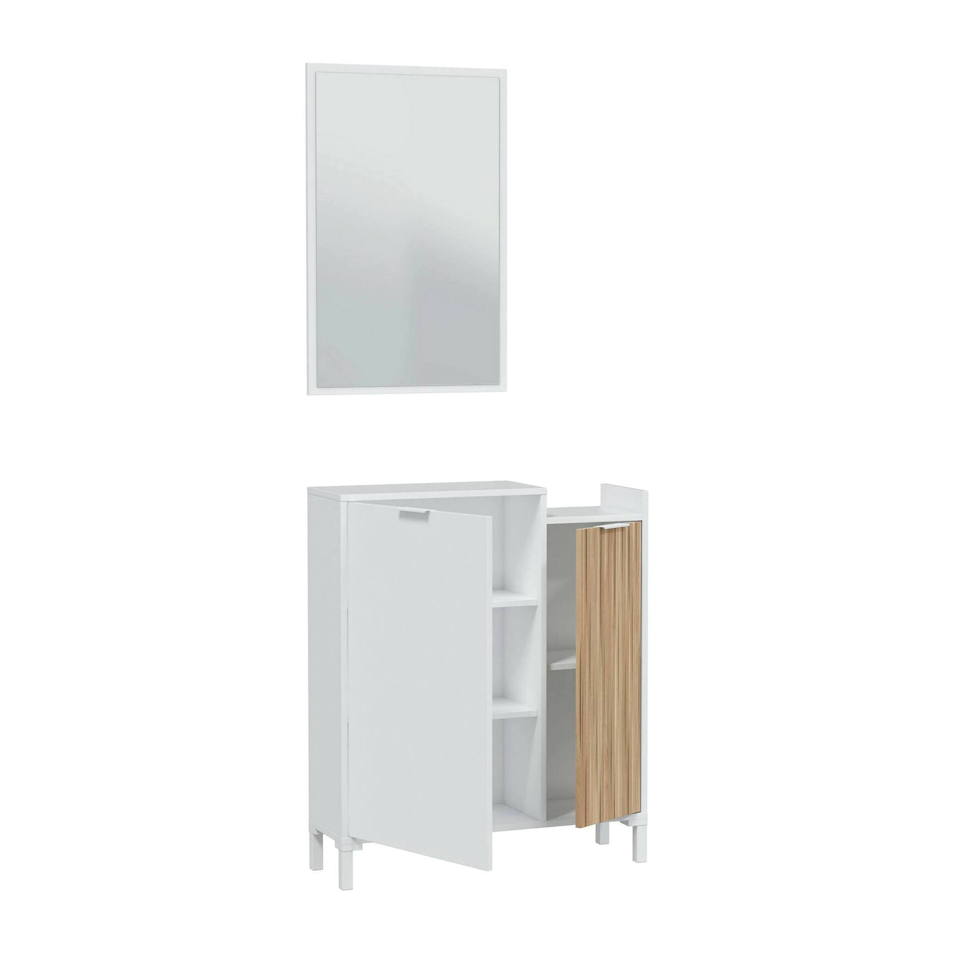 Mobile da ingresso Williamsport, Entratina a 2 ante, Armadio con specchio, Portaoggetti multifunzione, 77x24h91 cm, Bianco e Rovere