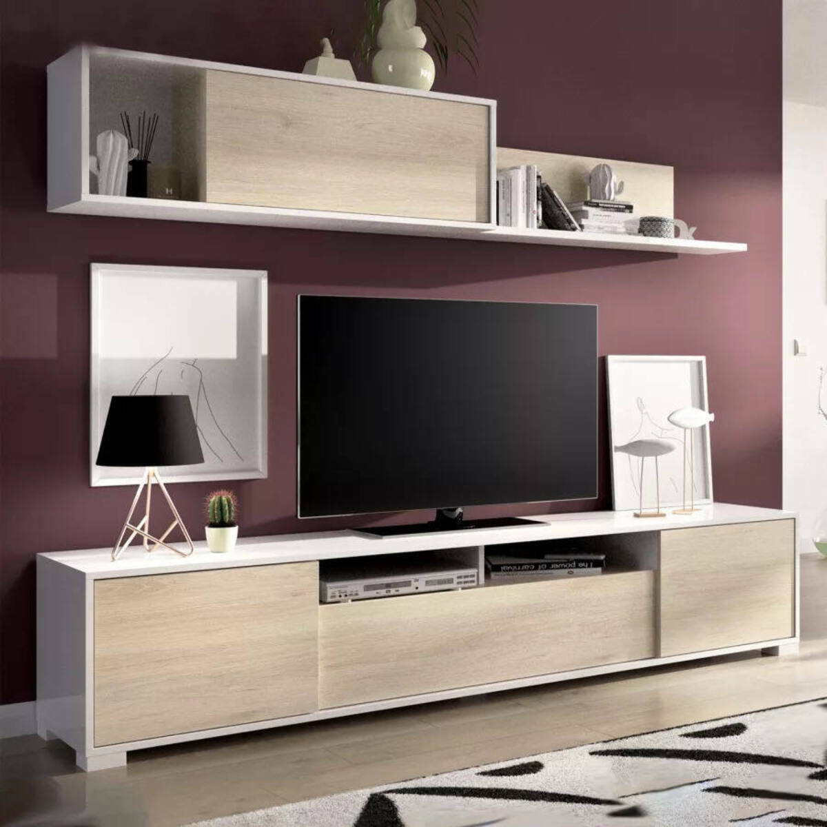 Parete attrezzata Gruf, Set da soggiorno porta TV, Mobile salotto multiuso, 200x41h180 cm, Rovere e Bianco